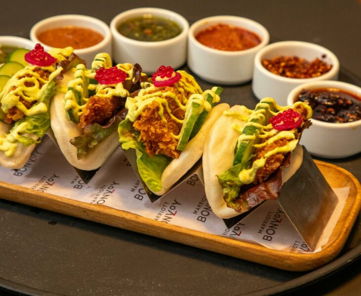 gourmet bao buns with assorted sauces