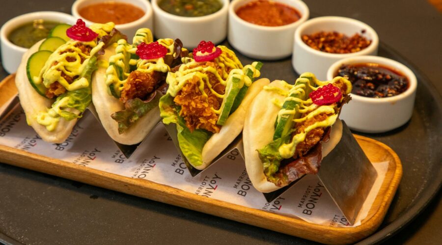 gourmet bao buns with assorted sauces