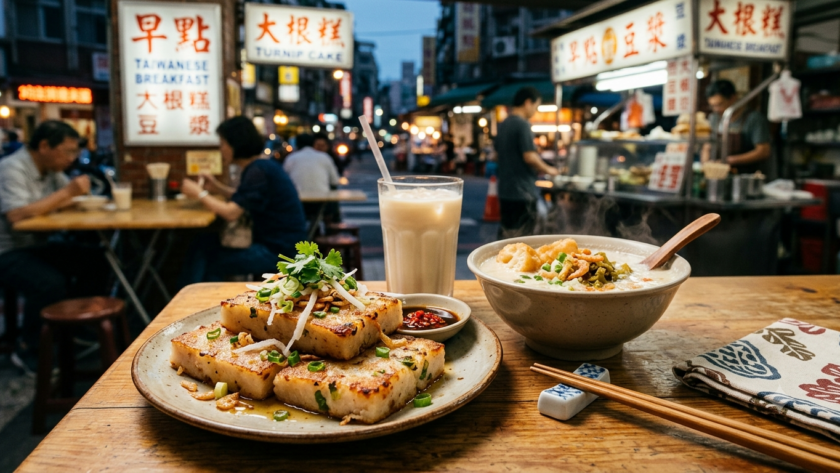 Gâteaux de carottes blanches (chai tow kway) grillés, servis sur un marché matinal taïwanais