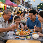 Famille partageant un Pad Thaï au poulet dans un marché nocturne thaïlandais