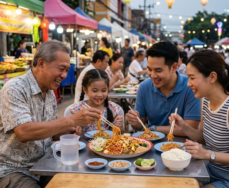 Famille partageant un Pad Thaï au poulet dans un marché nocturne thaïlandais