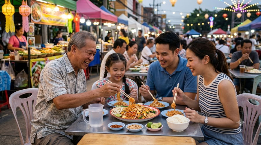 Famille partageant un Pad Thaï au poulet dans un marché nocturne thaïlandais
